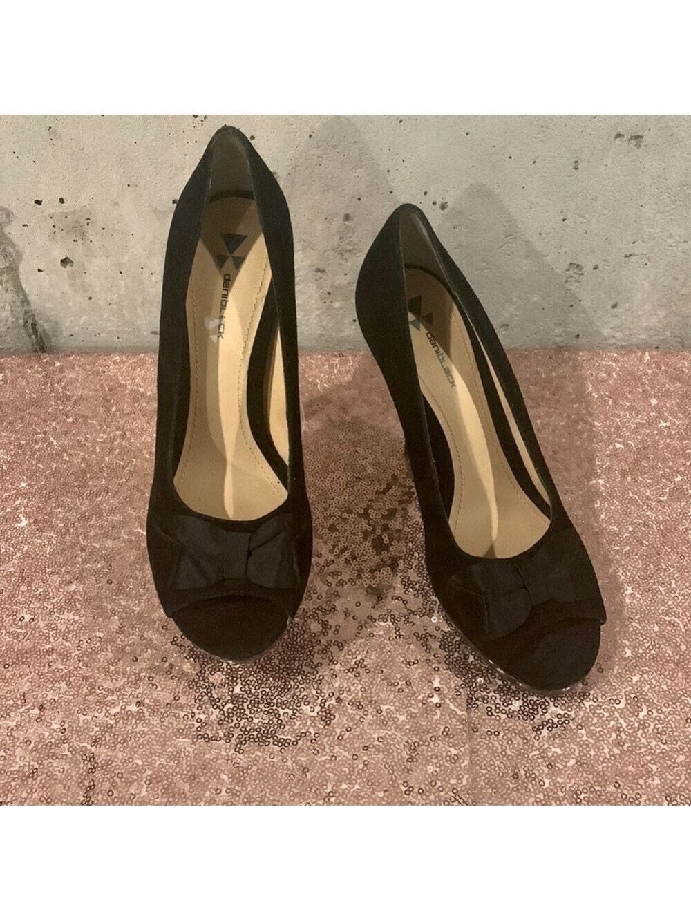 daniblack Black Suede Open-Toe Pumps with 4” Wooden Stacked Heel - Sz 7.5